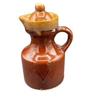 Vtg stoneware pottery Small Jug Pitcher Cruet Brown Made in Taiwan vinegar jar